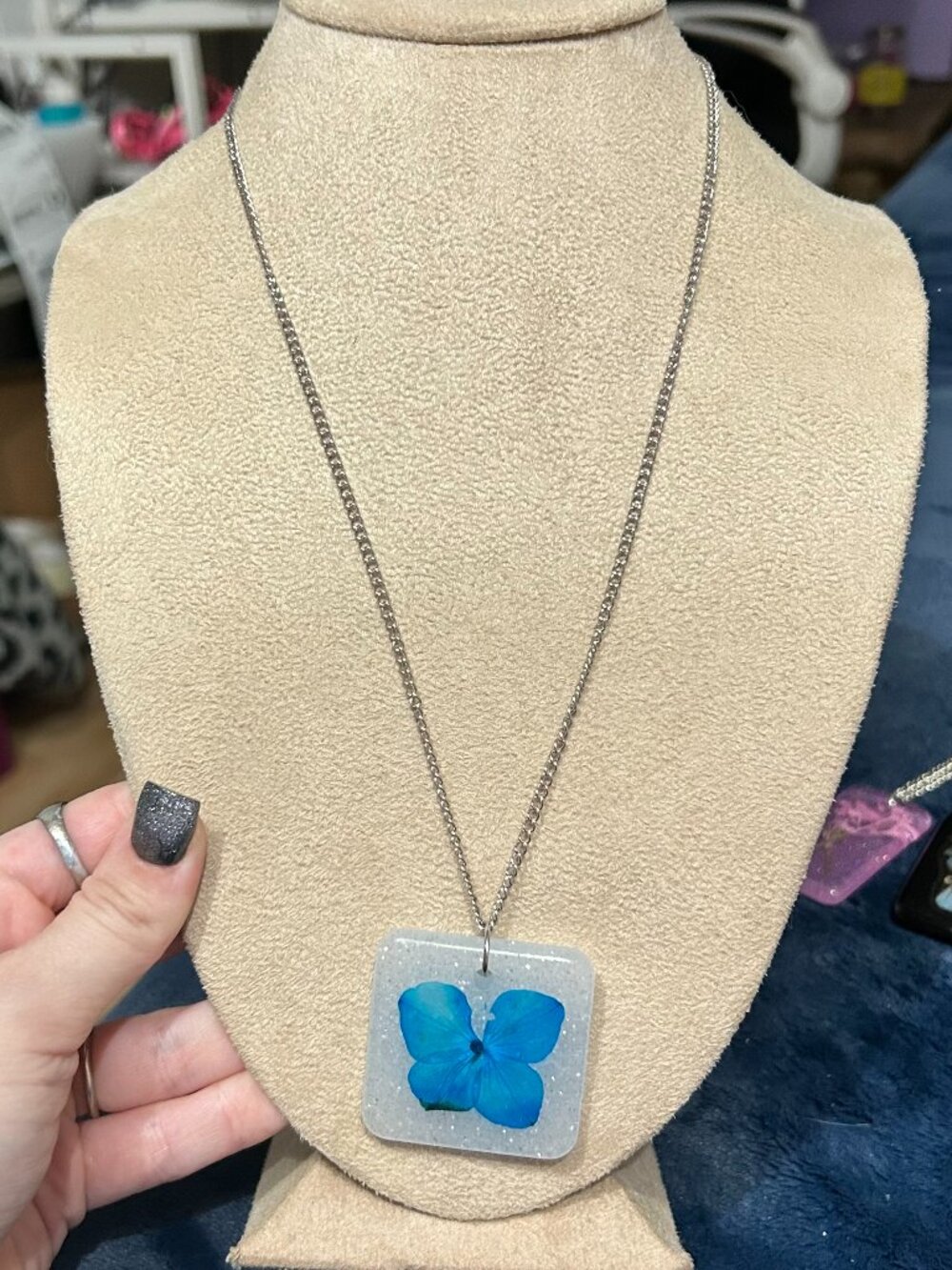 Blue Pressed Flower Resin Pendant Necklace